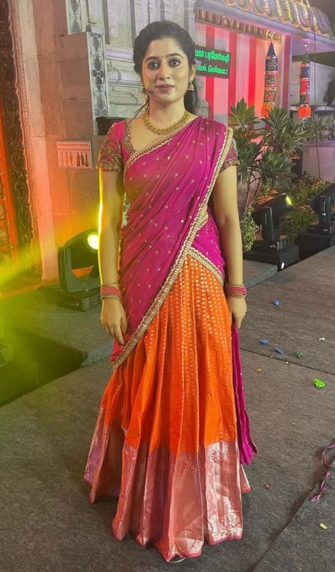 Orange Pink Half Saree, Pattu Saree Half Saree, Dhavani For Wedding Function, Simple Langa Voni Half Saree, Half Saree Simple Traditional, Red And Purple Half Saree, South Lehenga Half Saree, South Indian Lehenga Half Saree Simple, South Indian Ghagra Saree