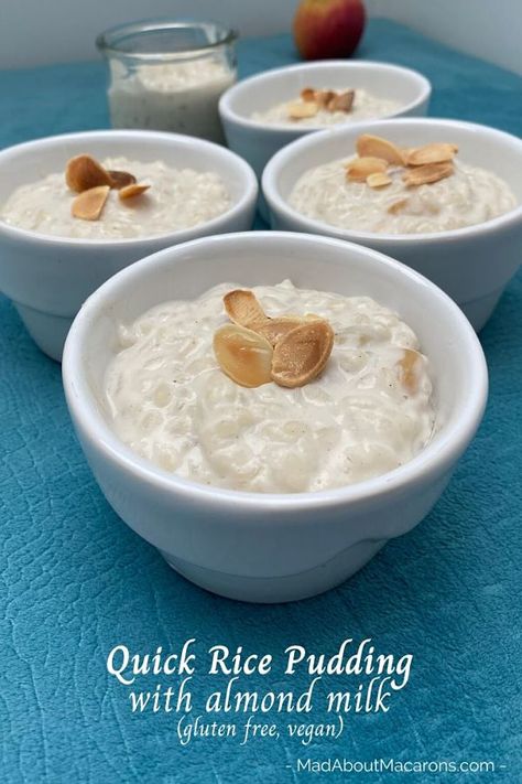 Quick Almond Milk Rice Pudding, made in 35 mins with just delicious cupboard ingredients  #ricepudding #almondmilk #veganbreakfasts #glutenfreebreakfast #comfortfoods #pantryrecipes #quickricepudding #rizaulait Almond Milk Rice Pudding Recipe, Rice Pudding With Almond Milk, Quick Rice Pudding, Almond Milk Rice Pudding, Rice Pudding Vegan, Milk Rice Pudding, Rice Puddings, Organic Almond Milk, Quick Rice