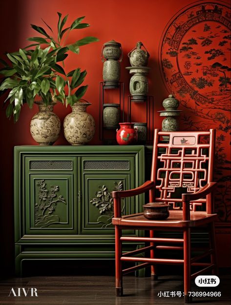 Chinese Deco, Asian Inspired Decor, Wall Color Combination, Chinese Decor, Chinese New Year Decorations, Chinese Furniture, Asian Design, New Years Decorations, Tea Room