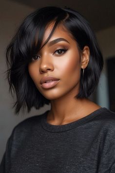 Medium Length Bobs For Black Women, Bobs With Curtain Bangs Black Women, Bob Hairstyles For Black Women Relaxed Hair, Black Woman Bobs Hairstyles, Straight Bob Haircut Black Women, Shoulder Length Haircut Black Women, Mid Length Bob Black Women, Black Women With Bobs, Medium Length Haircut For Black Women