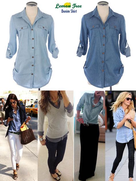 Denim shirt outfits--wear tucked out with brown belt, layered under light sweater or tshirt, tie around waist on top of black maxi skirt or over little floral dress Tshirt Tie, Denim Shirt Outfit, Mode Tips, Shirt Outfits, Brown Belt, Light Sweater, Black Maxi, 가을 패션, Mode Inspiration