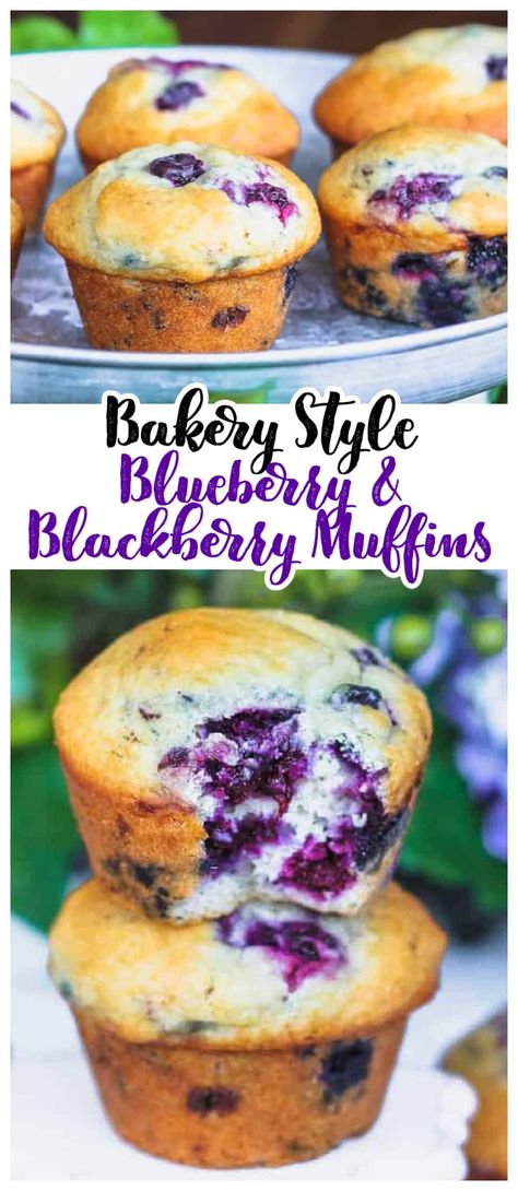 Bakery Style Blueberry & Blackberry Muffins - These scrumptious uber-healthy blueberry and blackberry 'bakery style' muffins offer an explosion of flavor in every bite.  Every bite is so flavorful you won't know what to do with yourself.  #blueberry #muffins #blackberry #healthy #brunch #breakfast #baking Blackberry Muffins Healthy, Blackberry Muffin Recipe, Blueberry Crumble Muffins, Healthy Blueberry Recipes, Healthy Brunch Ideas, Blackberry Muffins, Bakery Style Blueberry Muffins, Blackberry Muffin, Breakfast Baking