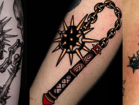 Spike Ball And Chain Tattoo, Chain Mace, Flail Tattoo, Black Work Tattoos, Hand Ideas, Chain Tattoo, Beauty Is Pain, Armor Tattoo, Bat Tattoo