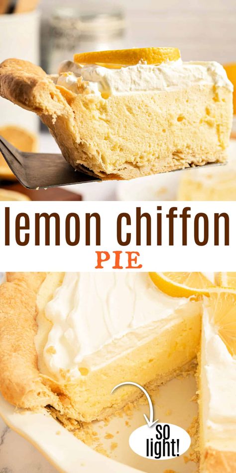 Lemon Chiffon Pie is cool and creamy, with the perfect balance of sweet-tart flavors. Bright, citrusy, and oh-so-silky, this classic pie recipe is sure to be a hit! Orange Chiffon Pie, Duncan Hines Lemon Chiffon Pie, Lemon Silk Pie, Cheat Lemon Pie Dylan Hollis, Lemon Chiffon Pie Recipe, Pineapple Chiffon Pie, Sheriff Lemon Pie Filling Recipes, Lemon Cream Pie Recipe, Lemon Pie Filling Desserts