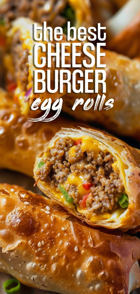 Egg Roll Recipes Ground Beef, Food Ideas Ground Beef, Cheesy Beef Egg Rolls, Cheeseburger Egg Roll Recipes, Bomb Dinner Recipes, Different Ground Beef Dinner Ideas, Something To Cook For Dinner, Ground Beef Sandwich Recipes For Dinner, Meal Ideas For Ground Beef