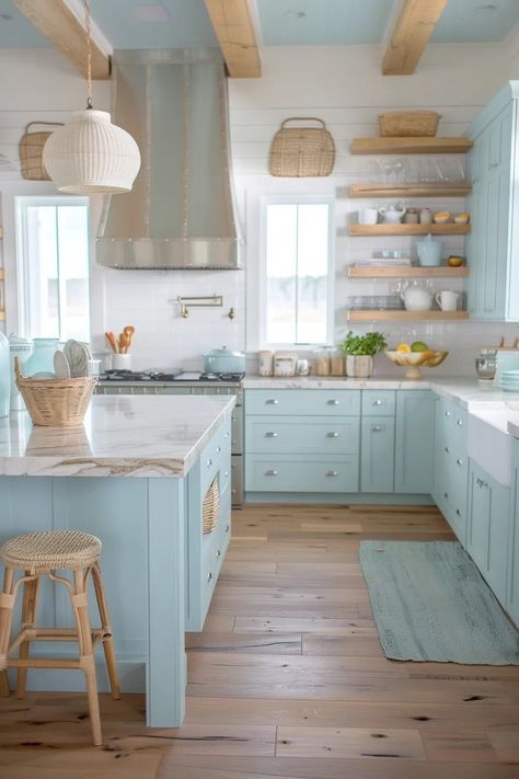 Powder Blue Kitchen, Small Beach House Kitchen, Coastal Kitchen Ideas, Coastal Style Kitchen, Green Cabin, Castle House Design, Coastal Farmhouse Kitchen, Small Beach Houses, Beach House Kitchens