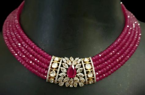 Choker Necklace Designs Beads, Ruby Jewelry Necklaces Indian, Rubies Jewelry Necklaces Beads, Ruby Beads Jewellery Indian, Beads Jewelry Indian Gold, White Stone Necklace, Ruby Necklace Designs, Beaded Wedding Jewelry, Fancy Jewelry Necklace