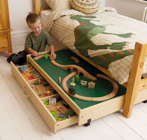 under bed train table Storage Children, Toy Storage Solutions, Lego Storage, Storage Table, Play Table, Table Diy, Boy Bedroom, Train Set, Big Boy Room