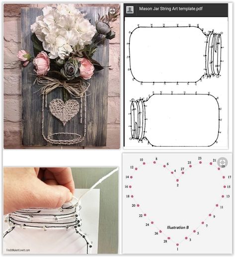 Mason Jar String Art With Flowers, Raffia & A Heart ... using twine, string, yarn or embroidery thread to create a mason jar sign. Drill the holes first, then hammer in the nails for straight, even lines ...................................... #DIY #masonjar #mason #jar #stringart #sign #template #flowers #raffia #nails #string #twine #yarn #embroiderythread #decor #crafts فن الرسم بالمسامير, Raffia Crafts, Mason Jar String Art, Art With Flowers, String Art Templates, Nail String Art, Embroidery Hearts, String Art Patterns, String Art Diy