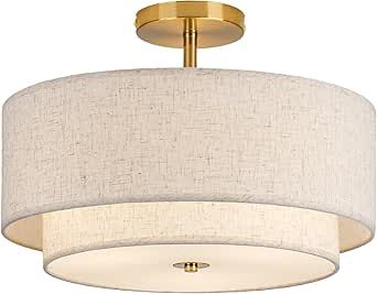 CALOKES 16" Double Drum Gold 3-Light Semi Flush Mount Ceiling Light, Classic Fabric Linen Shade Design for Living Room, Bedroom, Kitchen, Dining Room, Hallway and Entryway Semi Flush Bedroom Lighting, Primary Bedroom Light Fixture, Entry Light Fixture Low Ceiling, Bedroom Overhead Lighting, Bedroom Ceiling Lighting Ideas, Bedroom Flush Mount Lighting, Light Fixtures For Low Ceilings, Entry Light Fixture, Girls Bedroom Lighting