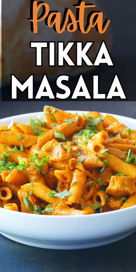 Bowl of colorful curry pasta with cilantro and text "pasta tikka masala". Chicken Tikka Masala Pasta, Chicken Tikka Pasta, Tikka Masala Pasta, Curry Pasta Recipe, Masala Pasta Recipe, Pasta Recipes Indian Style, Curry Chicken Pasta, Indian Pasta Recipes, Pesto Mac And Cheese