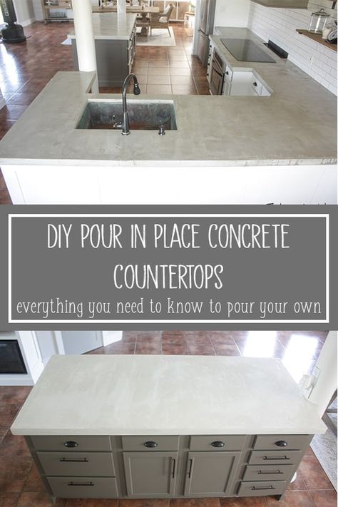 DIY Concrete Countertops - Pour in Place White Cement Kitchen Countertops, White Marbled Concrete Countertops, Farmhouse Cement Countertops, White Cement Countertops Kitchen, Creative Countertop Ideas, Light Gray Countertops Kitchen, Light Concrete Countertops, Cement Countertops Kitchen, Cement Kitchen Countertops