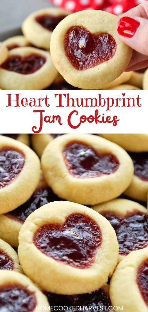 Heart Shaped Cookies With Jam, Heart Thumbprint Cookies Recipe, Heart Shaped Thumbprint Cookies, Easy Valentines Recipes, Jelly Cookies Thumbprint, Finger Print Cookies With Jam, Tart Cookies Recipes, Valentines Day Food Recipes, Valentines Cookie Bouquet