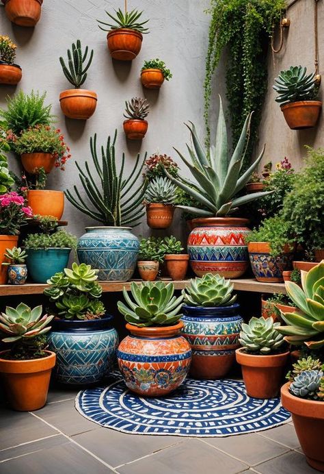 Mexican Patio Ideas, Boho Patio Ideas, Succulent Garden Design, Boho Patio, Mexican Home Decor, Living Art, Plant Decor Indoor, Mexican Decor, Low Maintenance Plants