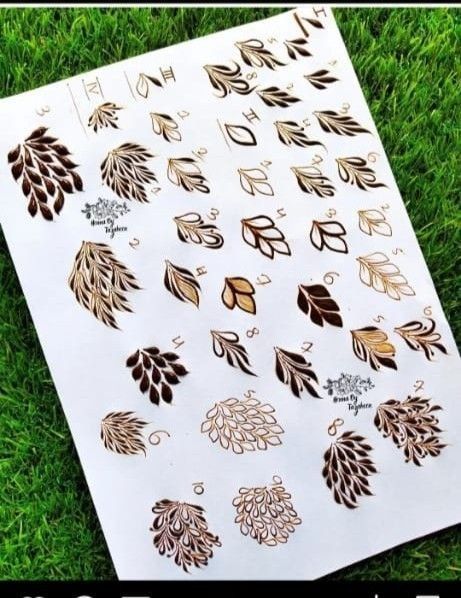 Leaves styles in henna idea on paper (henna leaves template) Gulf Leaves Henna Design, Henna Practice Designs, Practice Mehndi Design, Henna Designs New, Henna Classes, Best Henna Designs, Mehndi Book, Learn Henna, Feet Henna