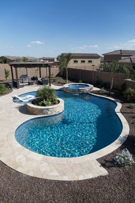 StoneScapes Mini Pebbles Aqua Blue Mini | Pool Finishes Travertine Pool Decking, Pool Patio Designs, Pool Tile Designs, Blue Haven Pools, Small Inground Pool, Inground Pool Landscaping, Beach Entry Pool, Dream Backyard Pool, Travertine Pool