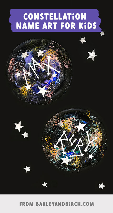 A photo of our constealltion name art project for kids Space Art And Craft For Preschool, Space Art Craft, Space Art For Kindergarten, Space Art For Preschoolers, Galaxy Craft Preschool, Galaxy Crafts For Kids, Space Art Projects For Preschool, Constellation Crafts Preschool, Night Sky Craft