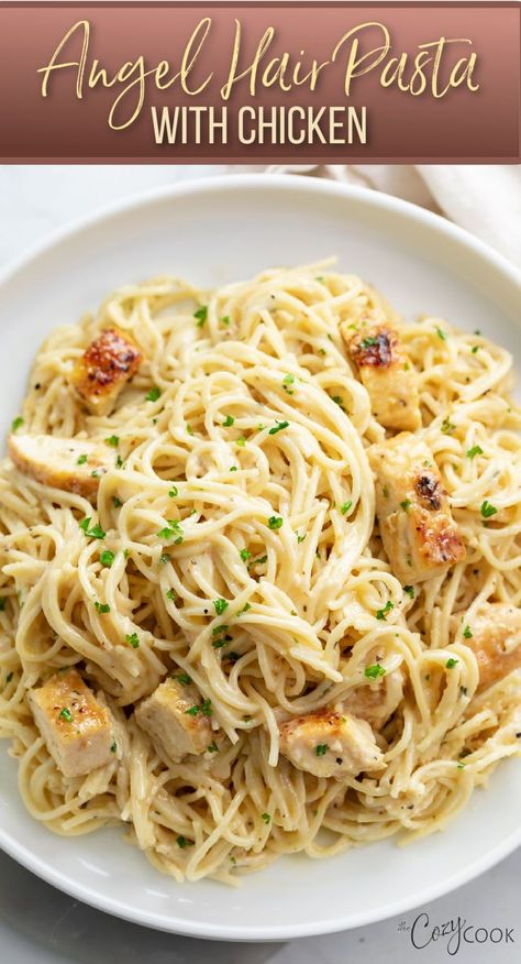 angel hair pasta with chicken and a creamy sauce Angel Hair Pasta With Chicken, Chicken Breast Pasta Recipes, Chicken Angel Hair Pasta, Chicken Breast Pasta, Angel Hair Pasta Recipes, Crockpot Recipes Chicken, Cozy Cook, Pasta With Chicken, Boiled Chicken Breast