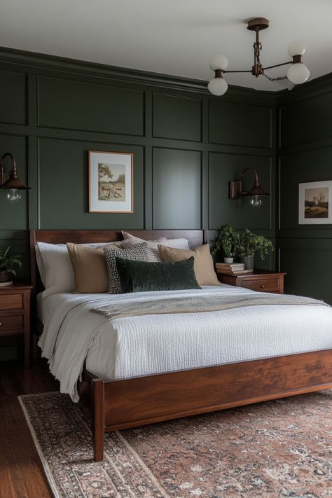 Try a simple earthy bedroom look using these tips and ideas. Dark Green Accent Wall In Bedroom, Wood And Green Bedroom Aesthetic, Dark Olive Bedroom Ideas, Dark Olive Green Bedroom Walls, Earthy Traditional Bedroom, Neutral Color Palette For Home Decor, Green Moody Bedroom Ideas, Article Bedroom Ideas, Earthy Green Bedroom Ideas