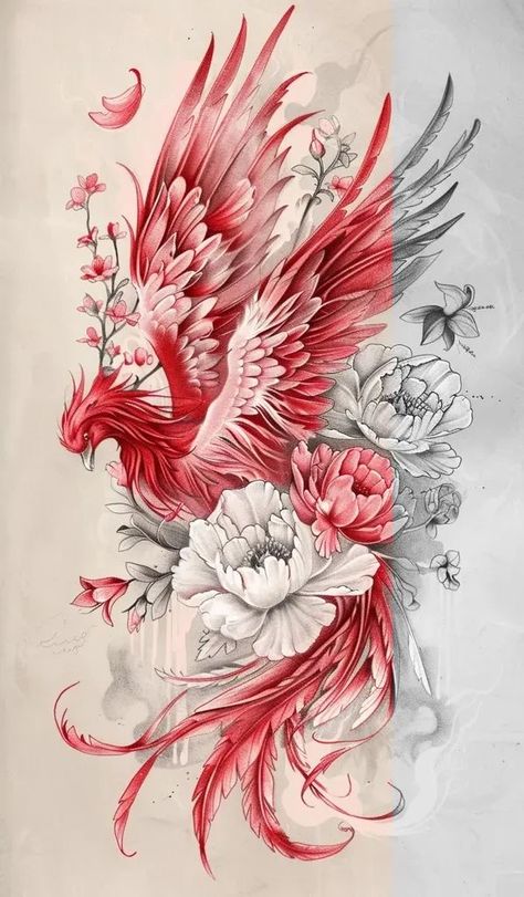 Red Phenix Tattoo, Birds For Drawing, Phoenix Red Tattoo, Back Filler Tattoo, Phönix Drawing, Full Back Wing Tattoo, Phinox Bird Back Tattoo, Pheonix Tattoo Stencils, Phoenix With Flowers Tattoo