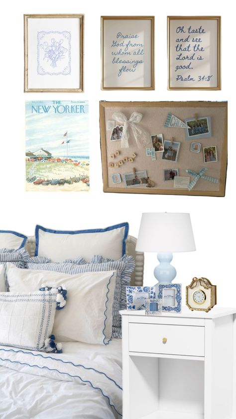 Pops Of Blue Bedroom, East Coast Room Aesthetic, East Coast Dorm Aesthetic, Blue And White Apartment Bedroom, Blue And White Bedding Aesthetic, Beachy Dresser Decor, Vintage Costal Bedroom, Blue Costal Room, Coastal Grandmother Aesthetic Room