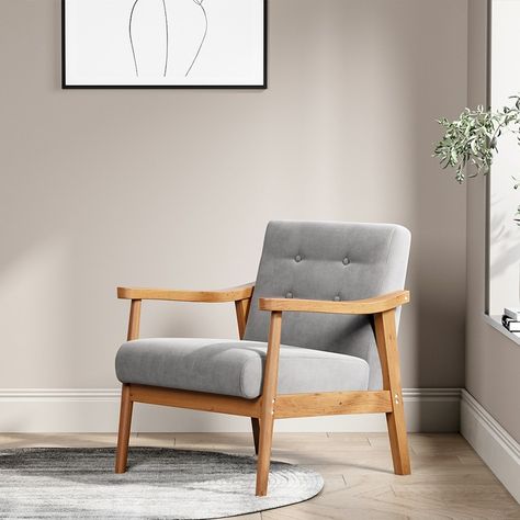 Wood Frame Arm Chair, Modern And Rustic Decor, Wooden Couch, Single Seat Sofa, Single Seater Sofa, Oak Armchair, Wooden Armchair, Kagawa, Grey Armchair