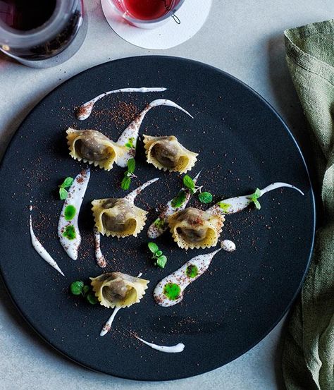 Recipe for lamb agnolotti with goat’s milk yoghurt, mint and sumac by Alessandro Pavoni from Ormeggio restaurant in Sydney. Sumac Recipe, Couscous Pearl, Sumac Recipes, Lamb Pasta, Food Presentation Plates, Dried Pasta, Pearl Couscous, Stuffed Pasta, Filled Pasta