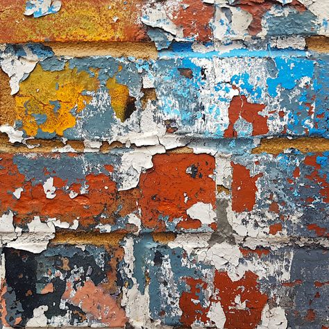 Peeling Paint Patchwork - Detail of distressed painted brickwork by SHOTT Cracked Paint Effect, Brick Wall Texture Painting, Old Graffiti, Peeling Paint Texture, Graffiti Spray Paint, Paint Peeling, Masonry Paint, Wood Paint, Texture Photography