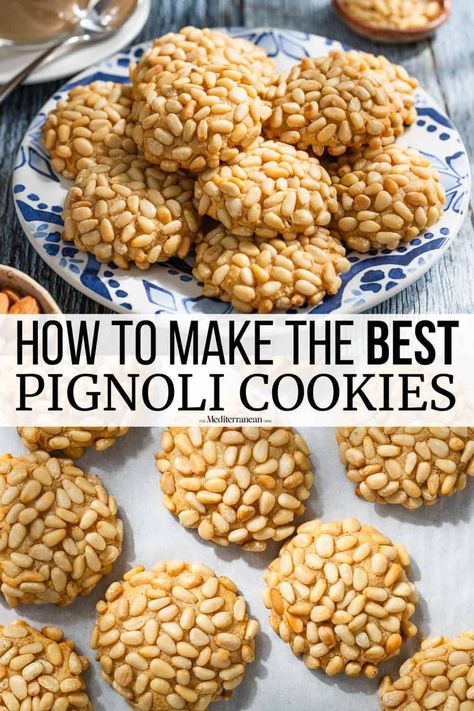 Pignoli Cookies are gluten free Italian cookies with almond paste, egg, sugar, and pine nuts. Make this celebratory holiday cookie recipe for your Christmas cookie spread, home made desserts, and more! Lady Loch Cookies, Italian Pinole Cookies, Gluten Free Pignoli Cookies, Italian Jelly Cookies, Ukrainian Christmas Recipes, Italian Pine Nut Cookies, Italian Pignoli Cookies, Cookies Made With Almond Paste, Walnut Christmas Cookies