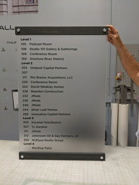 Frosted acrylic Directory wall sign with stain wood trim by Cowtown Graphics & Signs Directories Design, Directory Signage Design, Donor Wall Design, Directory Signage, Stained Wood Trim, Directory Signs, Donor Wall, Stain Wood, Office Signage