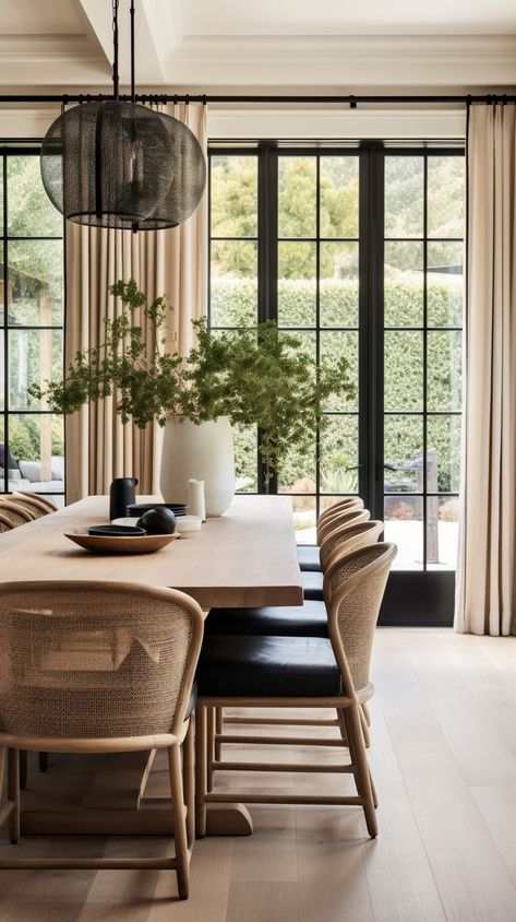 This modern beauty showcases clean lines, floor-to-ceiling windows and earthy tones that seamlessly merge with the surroundings. A minimalist design that exudes timeless style. Follow @windthekey for more design inspiration. Dining Room With Windows, Modern Transitional Dining Room, Modern Italian Home, Modern Dining Room Ideas, Dining Room Window, Modern Dining Room Lighting, Modern Dining Room Furniture, Transitional Interior Design, Small Dining Room