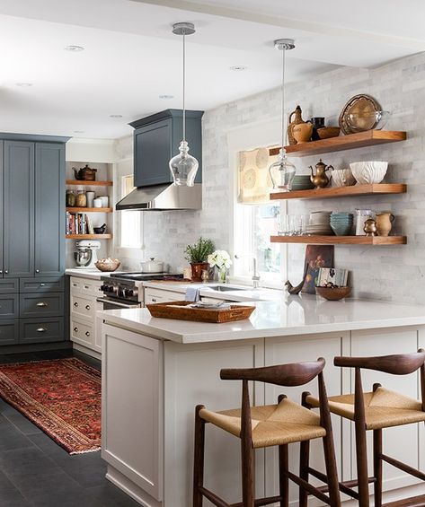 Our Kitchen Mood & Our Cabinet Color | The Inspired Room Peninsula Kitchen Design, Kitchen Dining Room Combo, Kitchen Peninsula, Kitchen Floor Plans, Space Kitchen, Kitchen Design Open, Dining Room Combo, Small Space Kitchen, Kitchen Corner