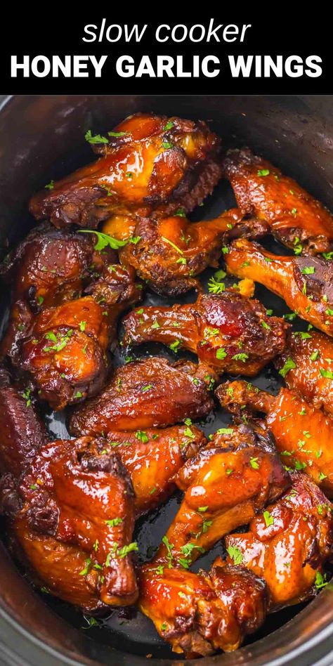 Slow Cooker Honey Garlic Chicken Wings Health Slow Cooker Meals, Slow Cooker Sticky Chicken Wings, Crockpot Recipes Wings, Wings Slow Cooker Recipe, Honey Garlic Chicken Wings Crockpot, Honey Bbq Wings Crockpot, Crockpot Sticky Wings, Chicken Wingettes Crockpot, Easy Crockpot Wings Recipe