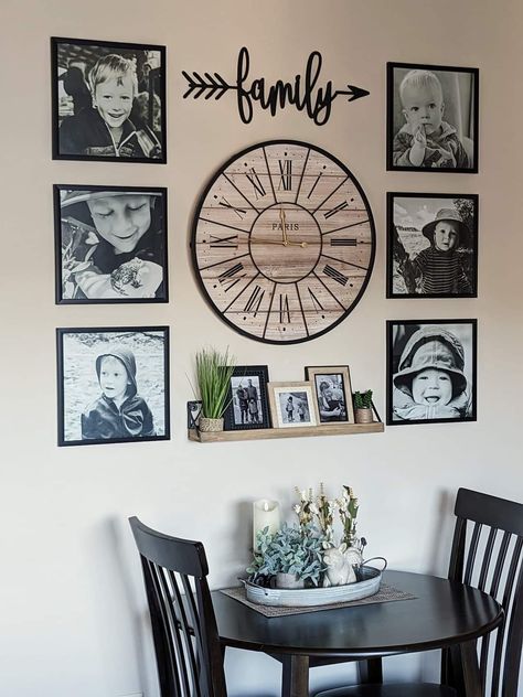 Gallery Wall With Circle Frame, Gallery Wall With Round Mirror In Center, Picture Layouts On Wall Living Rooms, Picture Wall With Clock In Middle, Gallery Wall With Clock Layout, Breakfast Nook Wall Ideas, Round Mirror And Picture Wall Layout, Clock And Picture Wall Layout, Ideas For Large Wall Space Living Room