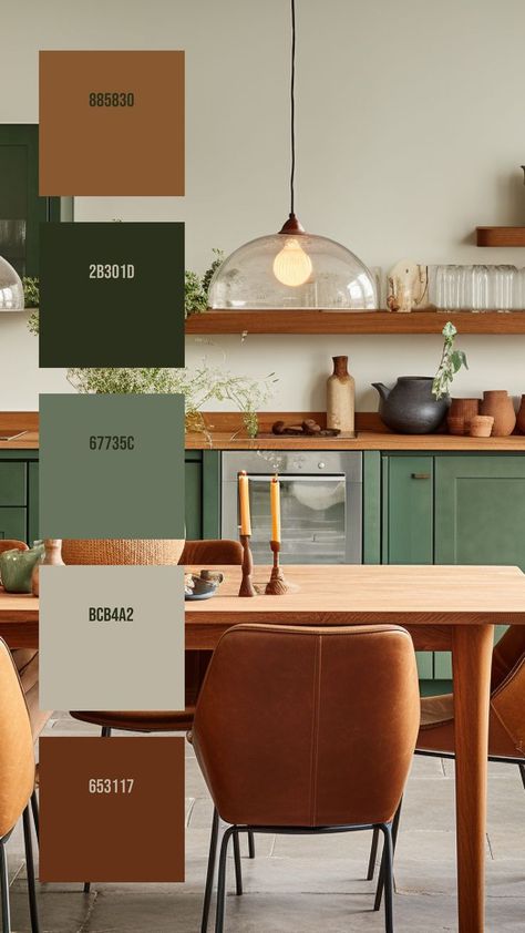 Colors: 885830 ° 2B301D ° 67735C ° BCB4A2 ° 65311 Brown Color Palette Kitchen, Colour Schemes For House, Color Concept Interior, Kitchen Theme Color Ideas, Brown Green Decor, Green Wall Color Palette, Earth Tone Basement, Interior Design Colour Combination, Home Decor Pallets Color