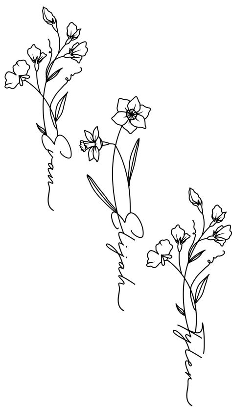 Sweet Pea Name Tattoo, Sweet Pea And Narcissus Tattoo, Narcissus Tattoo Design, Sweet Pea Tattoo Design, Birth Flower Name Tattoo, Flower Name Tattoo, Narcissus Tattoo, Narcissus Flower Tattoos, Sweet Pea Tattoo