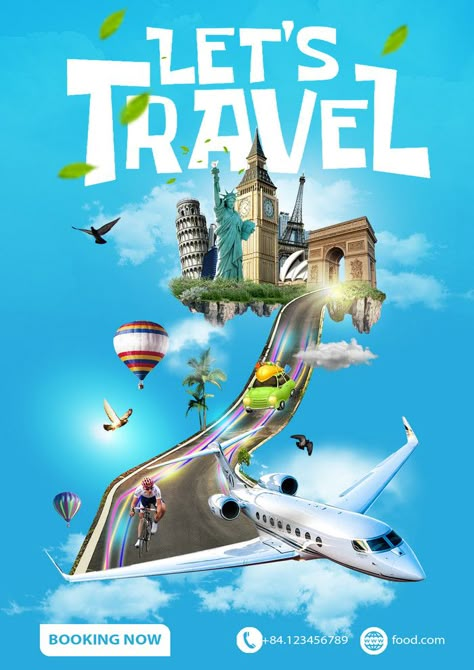 Travel Poster With Great Landmarks Such As Eiffel Tower Pisa Windmill Balloon Plane#pikbest# Travel Advertisement Poster, Travel Posters Design, Jiji Background, Travel Poster Design Graphics, Plane Poster, Travel Graphic Design, Airport Theme, Business Events Invitation, Travel Advertising Design