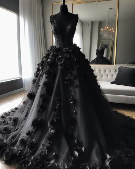 Gothic Ballgown Aesthetic, Black Ballgown Victorian, Black Fairytale Wedding Dress, Morticia Addams Prom Dress, Goth Fairy Dress, Black Princess Wedding Dress, Black Princess Dress Ball Gowns, Black Fairy Wedding, Dark Fairytale Wedding Dress