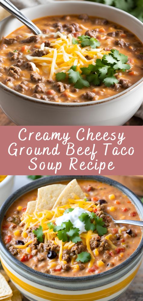 We Ground Beef Recipes, Cheesy Beef Taco Soup, Cheesy Beef Soup, Creamy Beef Taco Soup Recipe, Easy Creamy Taco Soup, Ground Beef Crockpot Soup Recipes, Creamy Taco Soup Recipe Ground Beef, Cheesy Taco Soup Recipe, Ground Beef Taco Soup Recipes