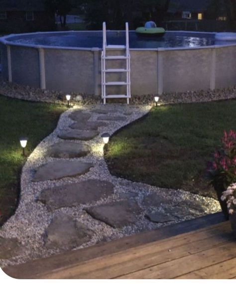 Stone Around Pool Above Ground, Back Yard Above Ground Pool Landscape, Outdoor Pool Ideas On A Budget, Walkway To Pool From Patio, Above Ground Pool Yard Ideas, Backyard Set Up Ideas, Back Pool Ideas Backyards, Big Backyard Ideas Swimming Pools, Backyard Patio Designs With Above Ground Pool