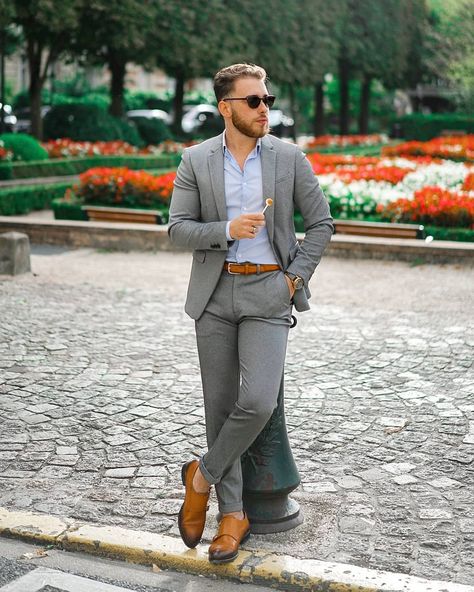 How to Wear a Suit Without a Tie: Men's Style Guide • Styles of Man No Tie Suit, Suit Without Tie, Grey Check Suit, Charcoal Gray Suit, Suit Combinations, Light Blue Dress Shirt, Plain White Shirt, Charcoal Suit, Light Grey Suits