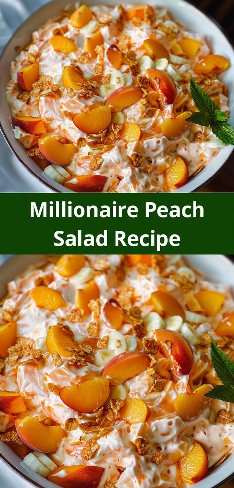 Enjoy a creamy, fruity dessert with our easy Millionaire Peach Salad recipe. Perfect for any occasion! Peach Dishes Recipes, Fresh Peach Salad Recipes, Easy Side Dishes For Family Reunion, Peach Pretzel Salad, Peach Side Dish, Recipes For Fresh Peaches, Summer Peach Salad, Thanksgiving Side Dishes Cold, Cold Food Recipes