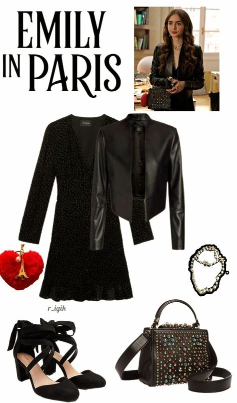 Emily In Paris Bags, Outfit With Black Dress, Emily In Paris Outfits Inspiration, Black Dress And Jacket, Emily In Paris Inspired Outfits, Emily Outfit, Paris Inspired Outfits, Best Black Outfits, Cross Heels