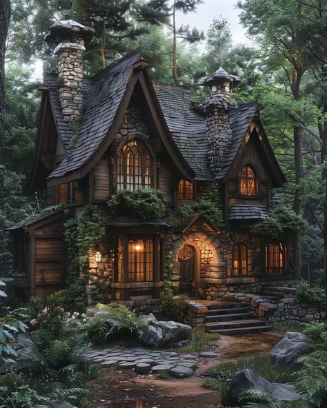 Witch Cottage Exterior, Stone And Wood House, Dreamy Lighting, Gothic Cottage, Artist Interior, Stone Exterior Houses, Black Roof, Fairytale House, Aesthetic Cottage Houses With Black Roofs, Witch Cottage Exterior, Fantasy Cottage Interior, Stone And Wood House, Dreamy Lighting, Gothic Cottage, 3d House Design, Fairytale Houses, Stone Exterior Houses