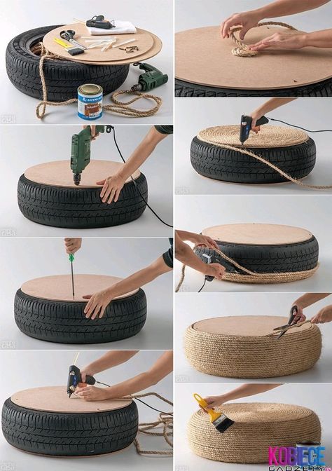 I love this. Old tire surely headed for the landfill is repurposed as an ottoman, very chic. Kursi Ban, Diy Tire, Tire Furniture, Diy Wedding Centerpieces, Diy Ottoman, Diy Cushions, Diy Furniture Decor, Diy Pallet Furniture Outdoor, Diy Outdoor Furniture Plans