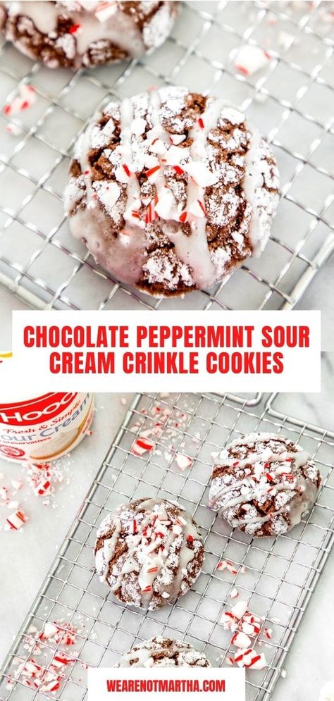 Chocolate Peppermint Sour Cream Crinkle Cookies | We are not Martha New Years Dessert Ideas, Sour Cream Icing, New Years Dessert, Sour Cream Cookies, Christmas Baking Ideas, New Year's Desserts, Amigurumi For Beginners, Cookie Platter, Chocolate Cookie Dough