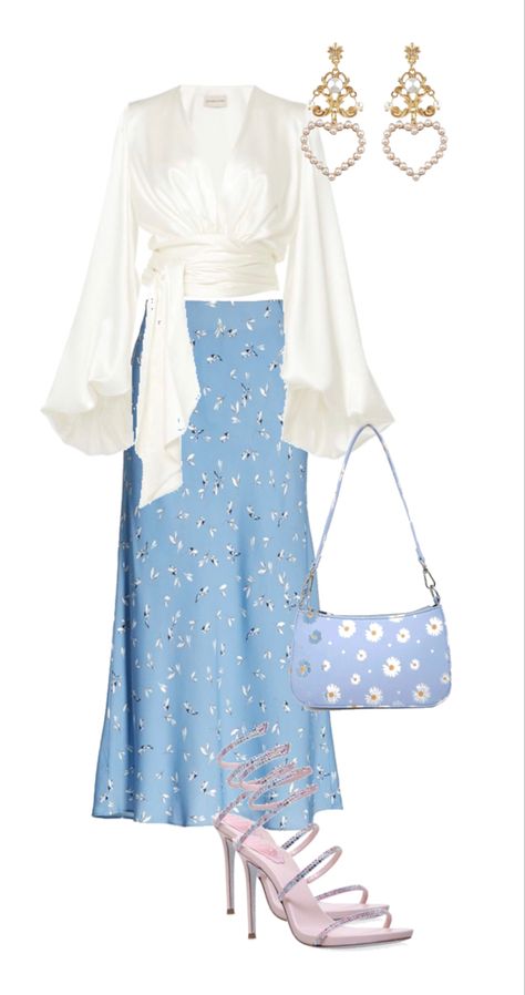 Midi blue skirt paired with a white silk top, wrap heels and a blue clutch Formal Skirt Outfit, Formal Dinner Outfit, Semi Formal Outfits For Women, Semi Casual Outfit, Blue And White Outfits, White Outfits For Women, White Silk Top, Lunch With Friends, Semi Formal Outfits