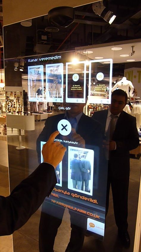 Touch-screen mirrors installed into retail outlets heighten the customer experience! Interactive Mirror, Interactive Retail, Interactive Technology, Screen Installation, Digital Retail, Retail Technology, Interactive Walls, Interactive Display, Smart Mirror