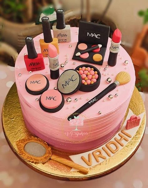 Make Up Cake Designs Birthday, Birthday Cake With Makeup Theme, Make Up Cake Designs, Makeup Cakes Birthday, Cosmetic Cake Ideas, Fruit Filling Cake, Makeup Cake Ideas Birthdays, Fashion Theme Cake, Make Up Cakes Birthdays Girly