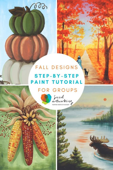 Fall for these autumn inspired paintings and create your own work of art. New fall designs, perfect for groups and paint parties. #paintparty #fallpaintings #painttutorials Fall Painting Templates, Easy Fall Painting Tutorial, Small Fall Canvas Painting, Fall Sip And Paint Ideas For Beginners, Fall Simple Painting Ideas, Painting Ideas For Winter, Fall Wine And Paint Ideas, Fall Art Tutorials, Thanksgiving Paint Night Ideas